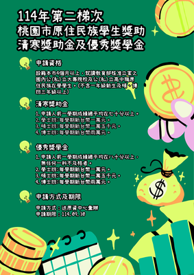 【獎助學金】🔥桃園市114年度第二梯次(114-1學期)原住民族學生清寒獎助金及優秀獎學金圖片