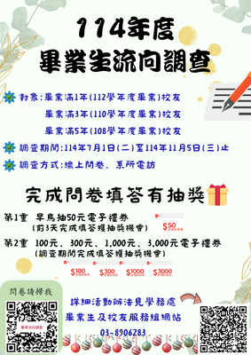 【轉知】【重要訊息】114年度畢業生流向問卷調查自114年7月1日開始💖懇請畢業滿1、3、5年校友協助填答~📣📣圖片