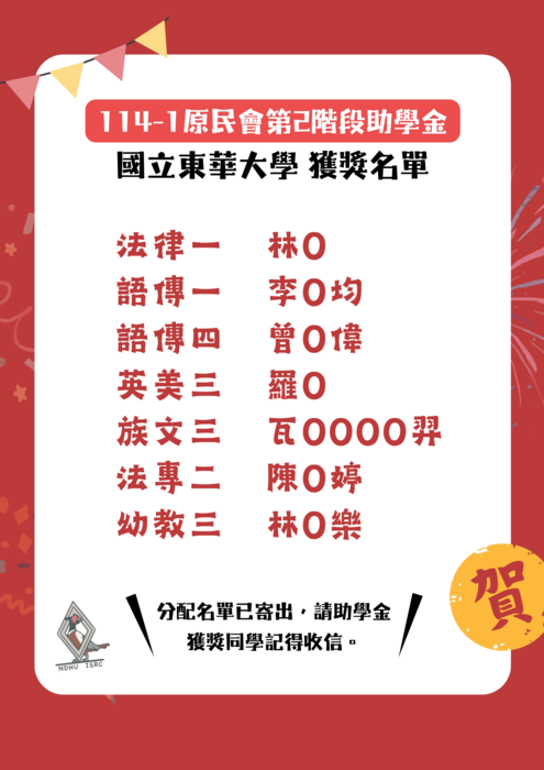 🎊【114學年度第1學期原民會原住民學生獎助學金本校第2階段獲獎名單】🎉圖片