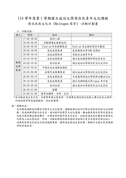【轉知】國立成功大學原住民族學生資源中心與原住民文化交流社辦理「成大文化日《Malengaw萌芽》」活動，歡迎蒞臨參與。圖片